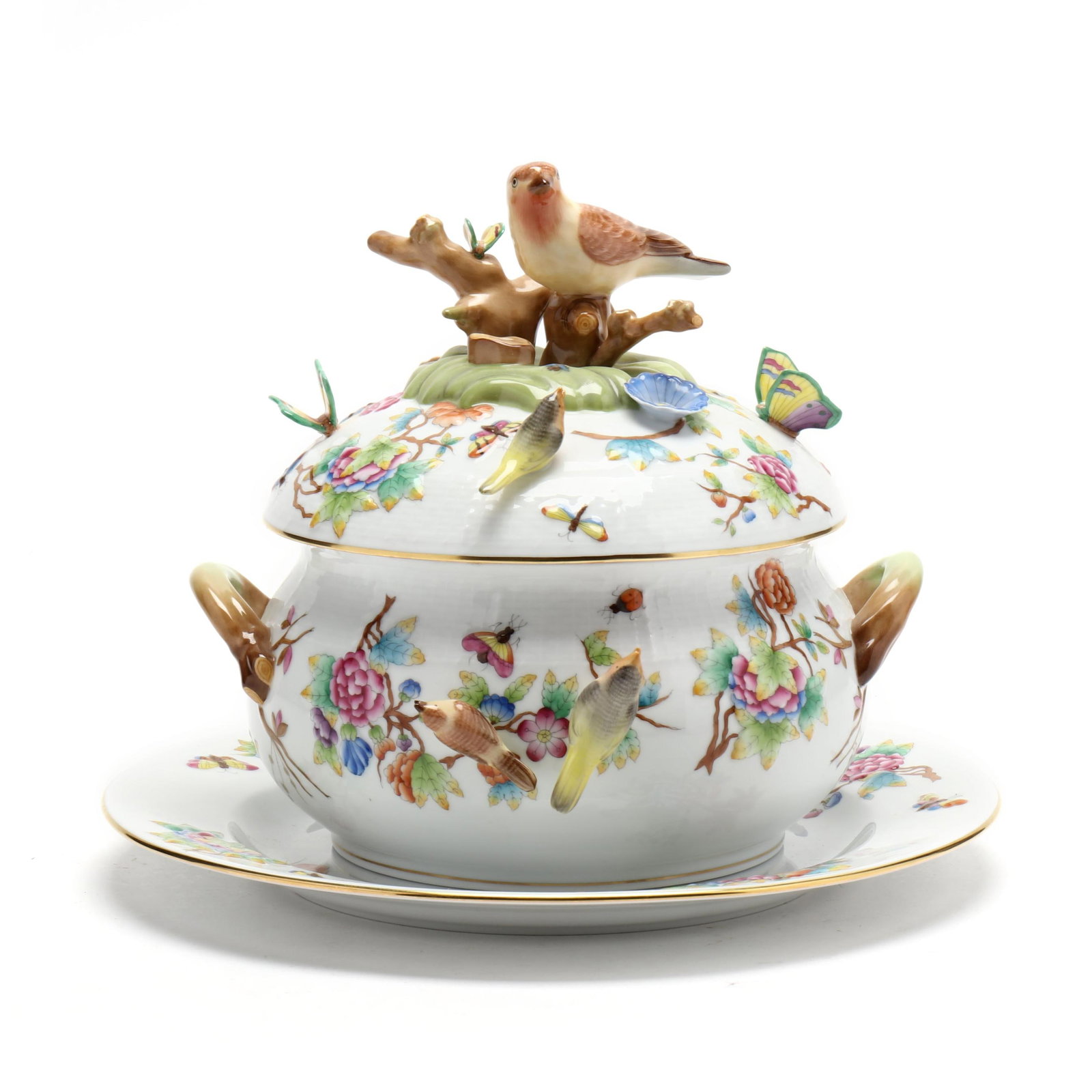 Extremely Rare Herend USA Golden Anniversary Tureen and Underplate, Both Signed: Extremely Rare Herend USA Golden Anniversary Tureen and Underplate, Both Signed Hungary, 2007, hand-painted, decorated with birds, insects, and flowers, and with gilt rim, to include a lidded tureen w