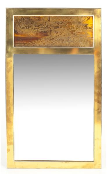 Bernhard Rohne, Trumeau Mirror: Bernhard Rohne, Trumeau Mirror(American, 20th century), for Mastercraft, etched brass panel over beveled mirror.54.5 x 31 in.Bernhard began incorporating acid etched brass plates in 1966, his designs
