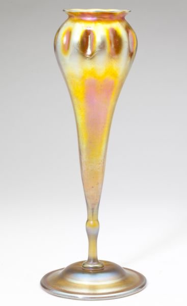 Tiffany Studios Favrile Floriform Vase: Tiffany Studios Favrile Floriform Vase tall trumpeted form in gold Favrile with dimpled rim, cut pontil, signed on base "L.C.T. 1008A." 12.5 in.