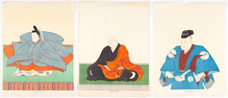 Three Large Format Japanese Woodblock Prints: Three Large Format Japanese Woodblock Prints each depicting a single figure, full margins (sheets 24.5 x 18 in.). Collection of Brigadier General John Weckerling, acquired while living in Tokyo, Japan