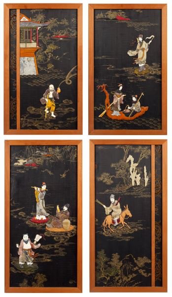 Four Antique Chinese Hardstone Inlaid Panels: Four Antique Chinese Hardstone Inlaid Panels cut down from a larger screen and framed with later hardwood surround, each with black lacquered ground with hand-painted gilt landscape details, each with