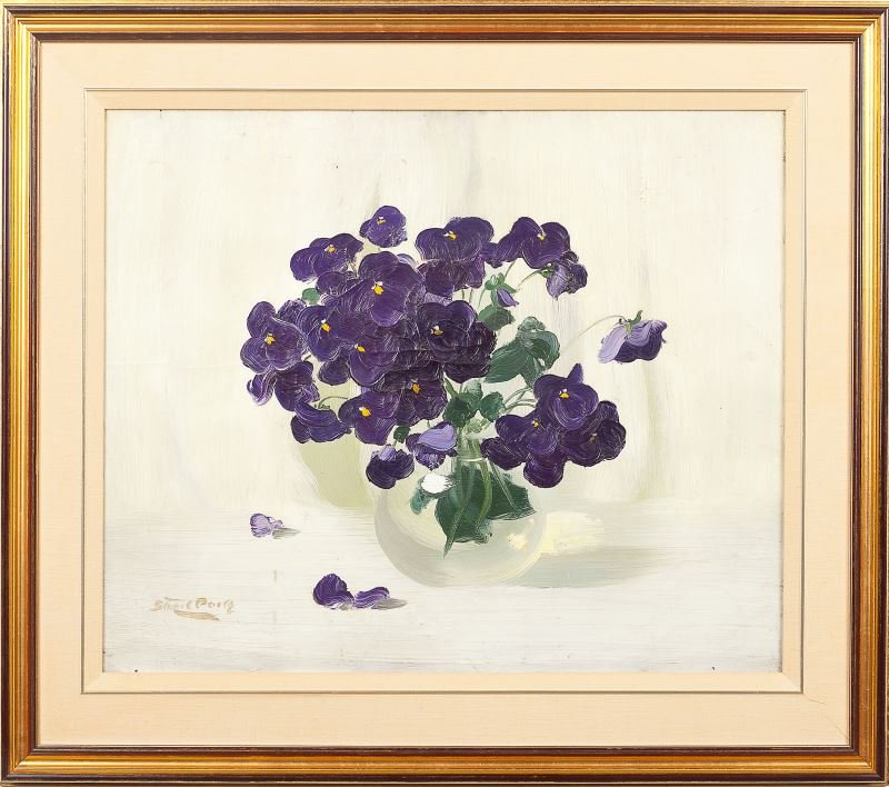 James Stuart Park (Scottish, 1862-1933), Violets: James Stuart Park (Scottish, 1862-1933), Violets oil on canvas, signed at lower left "Stuart Park," presented in a later gilt frame with linen liner. SS 19.25 x 23.5 in.; DOA 27.25 x 31 in. A similar 
