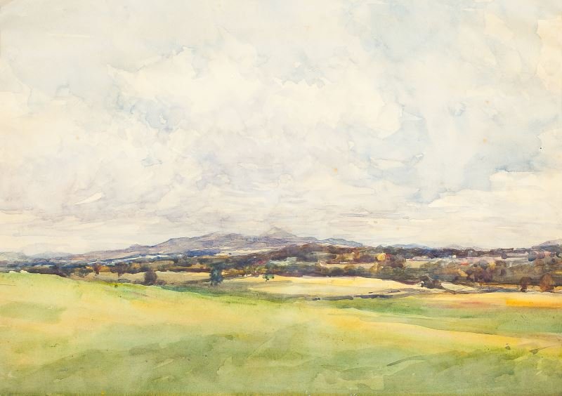 Scottish School Landscape: Scottish School Landscape watercolor and whitening on paper, unsigned, inscribed "John" on the verso in pencil, matted and framed under glass. Paper 13.75 x 19.5 in.; DOA 19.25 x 24 in. Estate Collect
