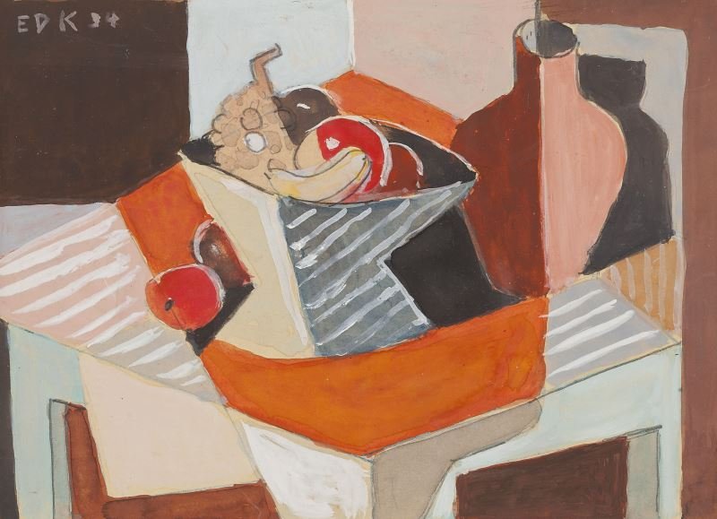 Edmund Kinzinger (TX, 1888-1963), Untitled: Edmund Kinzinger (TX, 1888-1963), Untitled mixed media on paper, signed at lower upper left and dated 1934, cubist still life, matted and framed under glass. SS 6 x 8 in.; DOA 12 x 18 in. Accompanied 