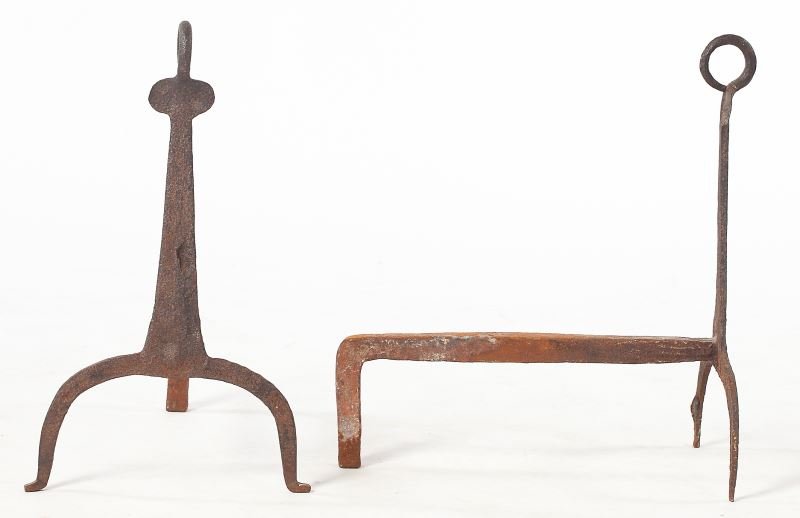 Hand Forged Andirons: Hand Forged Andironslikely 18th century, loop finials, penny foot.18.5 in.Deaccessioned from MESDA