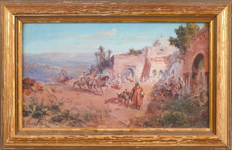 Paul Pascal (D.C., 1832-ca. 1904), Arabian Village: Paul Pascal (D.C., 1832-ca. 1904), Arabian Villagewatercolor and goache on paper, signed and dated at lower left "P. Pascal 1904," presented in the original gilt frame under glass with Washington, D.C