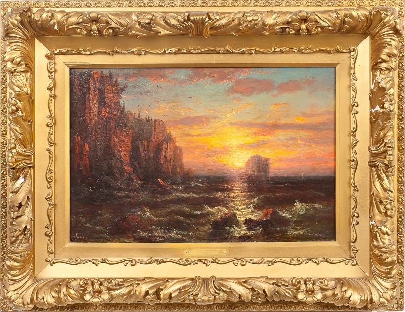 Regis Gignoux (NY/Fr., 1816-1882), Paradise Rock: Regis Gignoux (NY/Fr., 1816-1882), Paradise Rock oil on canvas (lined), signed at lower left, appears to be dated 1850, California seascape under a brilliant sunset, ornate original gilt composition f