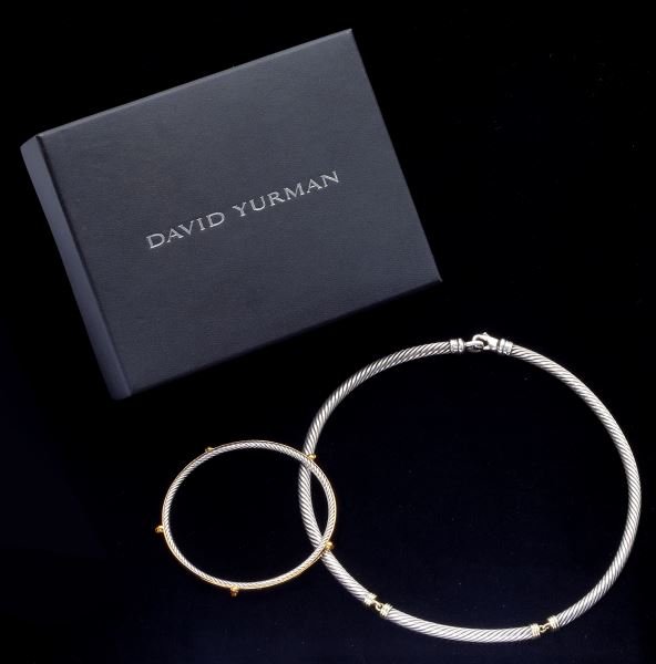 Two Pieces of David Yurman Jewelry: Two Pieces of David Yurman Jewelry the first a sterling silver and gold choker comprised of three segments joined with gold caps and interlocking hooks, complete with lobster clasp, with maker's mark 