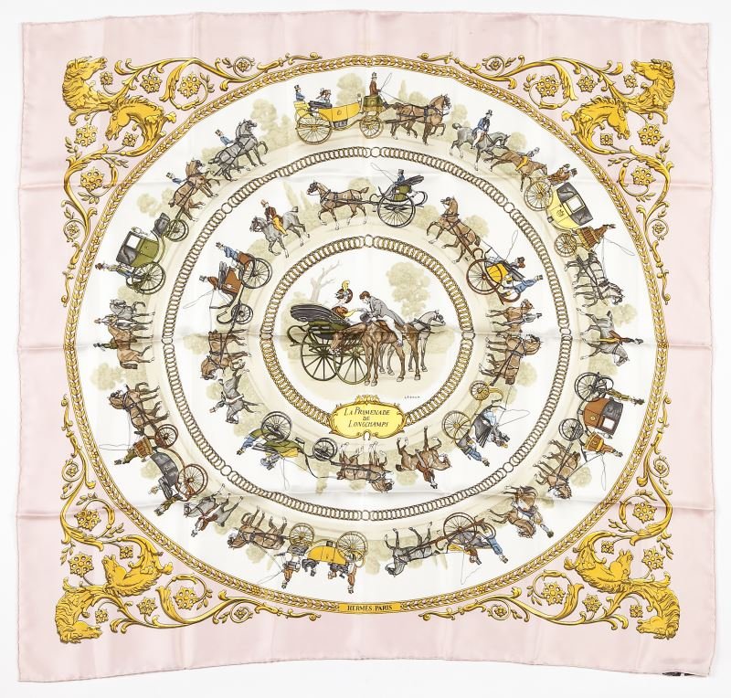 "La Promenade de Longchamps" Silk Scarf, Hermes: "La Promenade de Longchamps" Silk Scarf, Hermes French, designed by Philippe Ledoux, this particular example with unusual light pink ground, the center depicting various modes of carriage transportati