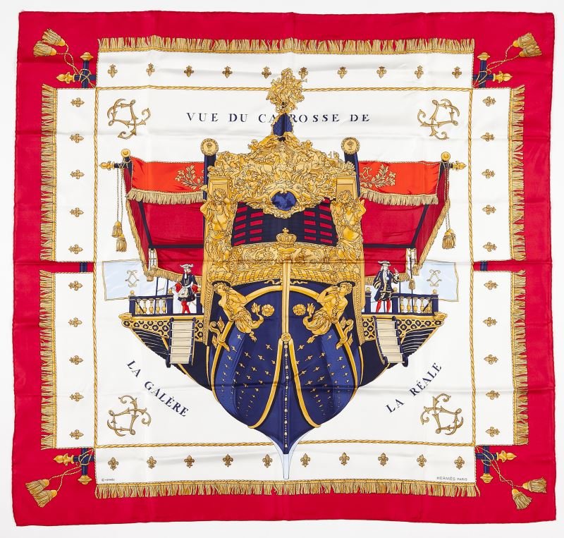 "Vue de Carrosse" Silk Scarf, Hermes: "Vue de Carrosse" Silk Scarf, Hermes French, circa 1980s, designed by Hugo Grygkar, designed as a ship heading forward in front profile, each side set with a gentleman in proper dress, completed by fu