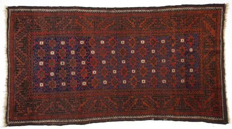Buluch Area Rug: Buluch Area Rugwool foundation with wool pile, all over design of rust and blue octagonal shaped medallions on rust field.3 ft. x 5 ft. 9 in.