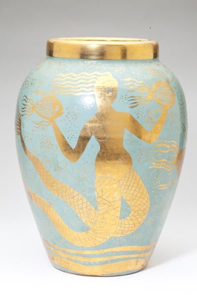Waylande Gregory (NY/IL, 1905-1971), Vase: Waylande Gregory (NY/IL, 1905-1971), Vase ceramic, Art Deco period, signed on the base and underside, teal field with gilt fish and mermaid. 15 x 11.5 in. diameter Accompanied by a University of Richm