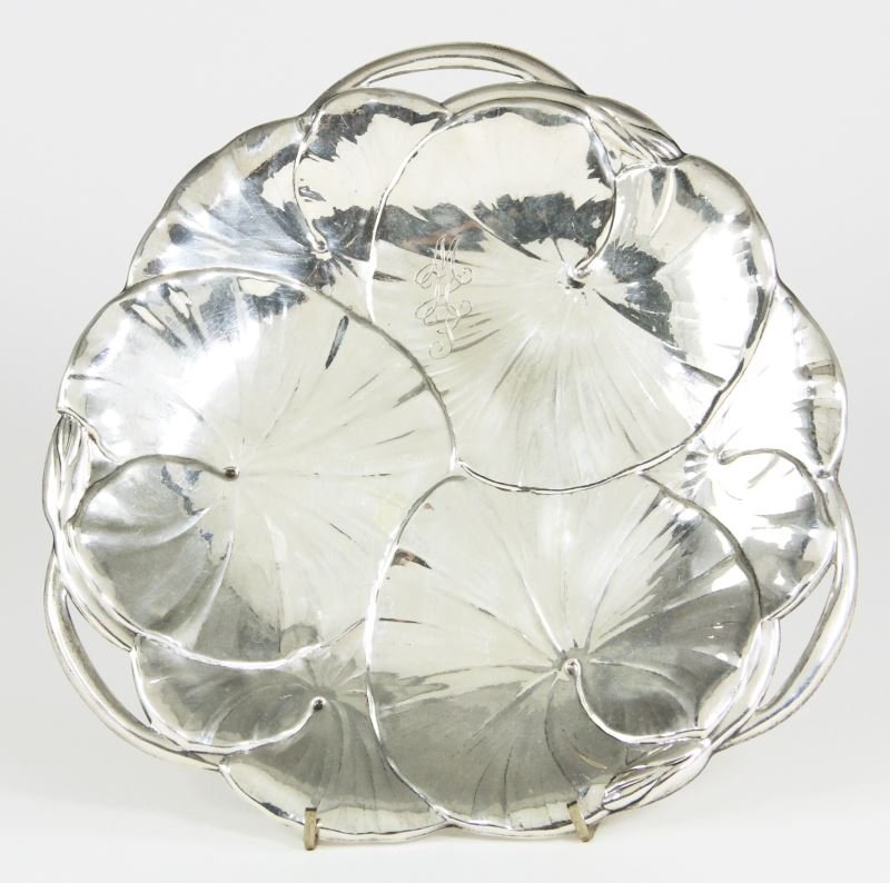 American Sterling Silver Lily Pad Dish: American Sterling Silver Lily Pad Dish retailed by Black Starr & Frost / Gorham, likely made by Meriden & Co., period ribbon script monogram "MHP." 9.5 in. diameter 12.45 troy oz.