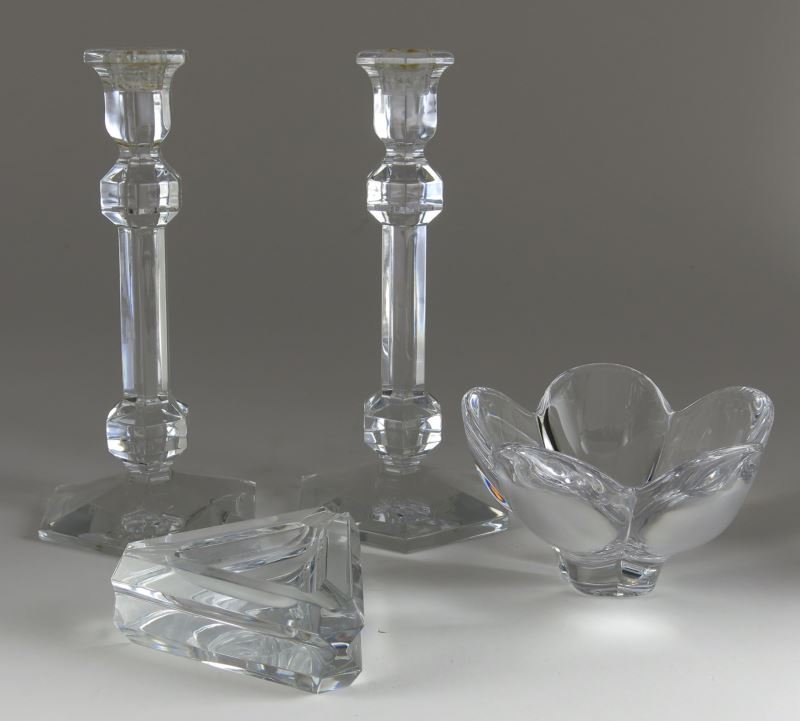 Fine Crystal Grouping: Fine Crystal Grouping(4) pieces including: pair of Val St. Lambert candlesticks (9.5 in.); an Orrefors floral bowl (3.5 in.); and a Baccarat ash tray (1.5 in.).