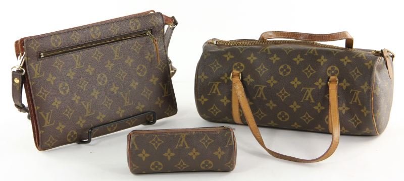 Three Vintage Items, The French Company: Three Vintage Items, The French Company for Louis Vuitton, 1970s-80s, monogram canvas with leather trim, a toiletry pouch (6.5 in. long) (tip of zipper broken off); a Papillion bag (zipper with area o