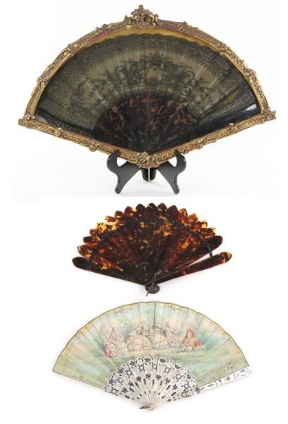 Group of Three Victorian Fans: Group of Three Victorian Fansthe first of tortoise shell and black lace within contemporary frame (lace detached); a faux tortoise shell fan (ribbon connecting the blades fracturing); and an abalone b