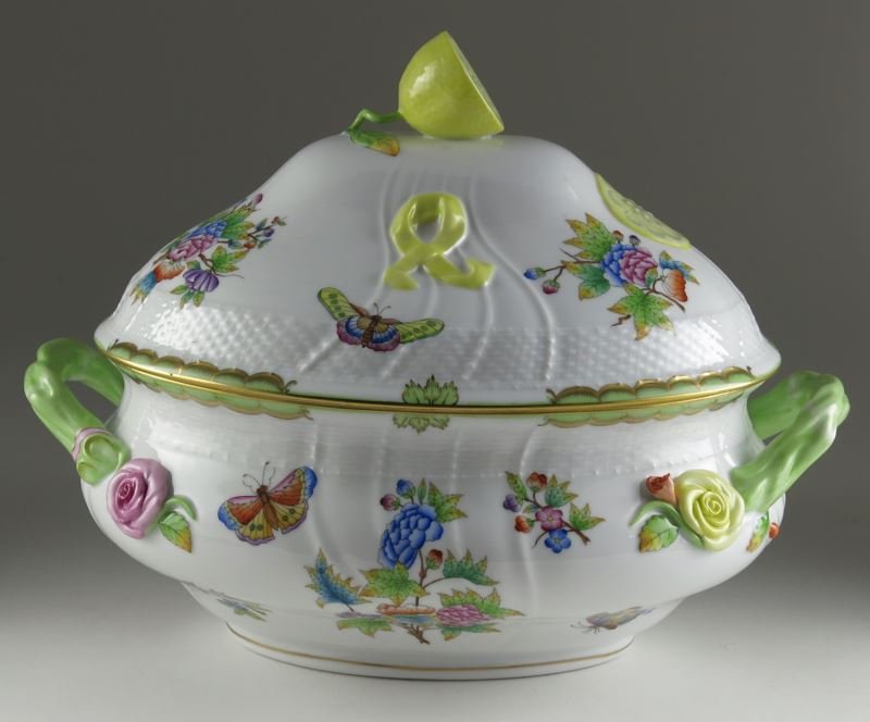 Large Herend "Printemps" Tureen: Large Herend "Printemps" Tureen tureen with floral decoration and halved lemon finial, with blue Herend mark and numbered #1003/VB)/G92. 13x 17 in.