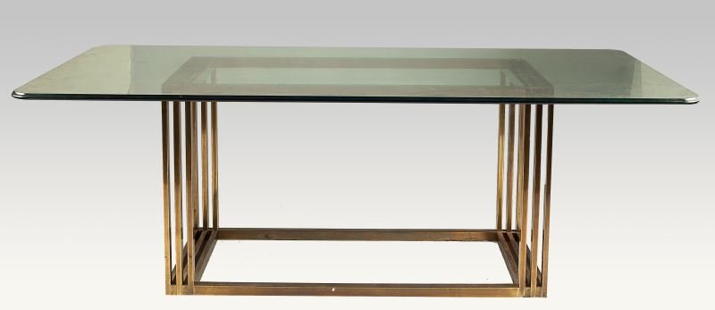 Bernhard Rohne, Glass Top Dining Table: Bernhard Rohne, Glass Top Dining Table(American, 20th century), for Mastercraft, linear designed brass base with thick bull-nosed glass top. Glass top 3/4 in. thick. Bernhard began incorporating acid