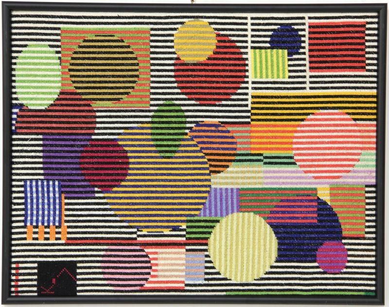 Framed Modernist Needlepoint: Framed Modernist Needlepointafter Yaacov Agam, in custom black wood frame.DOA 18 x 22.5 in.