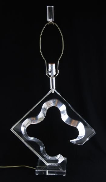 Hivo G. Van Teal, Lucite Table Lamp: Hivo G. Van Teal, Lucite Table Lamp(Cuban/Am., 20th century), circa 1980, clear lucite floating diamond form, signed on base.HOA 32 in.