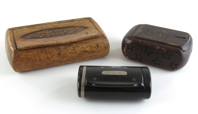 Collection of Three Antique Wood Snuff Boxes: Collection of Three Antique Wood Snuff Boxes the first a lacquered and white metal inlaid box with hinged lid, monogrammed "S.A.S" for Sven Anton Sellman, with a note stating the box is from his son J