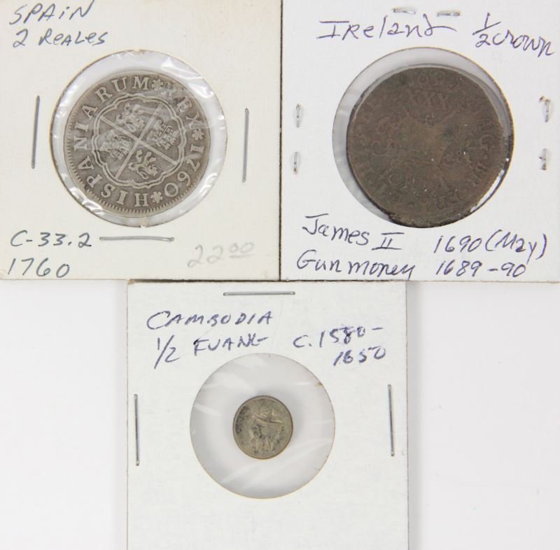 Three Early World Coins: Three Early World Coins as follows: Ireland, James II, 1/2 crown "Gun Money," 1690 (May), Very Good; Spain, Carlos III, 1760, 2 reales, Fine; Cambodia uniface silver 1/2 fuang, 10mm, circa 1600, Very 