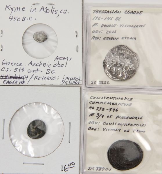 Four Ancient Coins: Four Ancient Coins to include Thessalian League, 196-146 B.C., AR double-victoriatus, Zeus/Athena Itonia, Sear 2282, Very Fine, but heavily cleaned hoard coin; Aiolis, Kyme, 5th century B.C., AR hemio