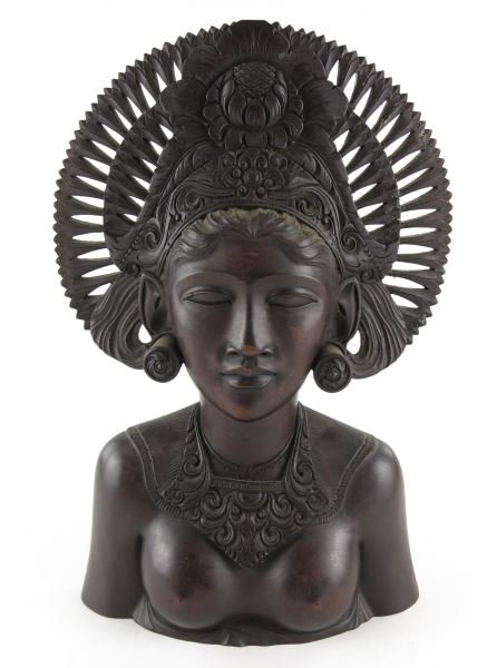 Balinese Hardwood Carving of a Beauty: Balinese Hardwood Carving of a Beauty Klungkung, Bali, well carved nude bust of female with headdress, signed. HOA 14 in.