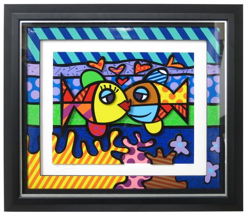 Romero Britto (b. 1963), "Holidays": Romero Britto (b. 1963), "Holidays" mixed media, signed and dated 1996, framed. DOA 29.5 x 33.5 in.