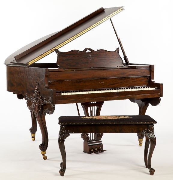 Apollo Baby Grand Piano, Louis XV: Apollo Baby Grand Piano, Louis XVcirca 1920s, Honduran mahogany veneers, ivory keys, number 40473, carved cabriole legs with whorl feet on casters, lyre form support for three pedals. Included is a pi