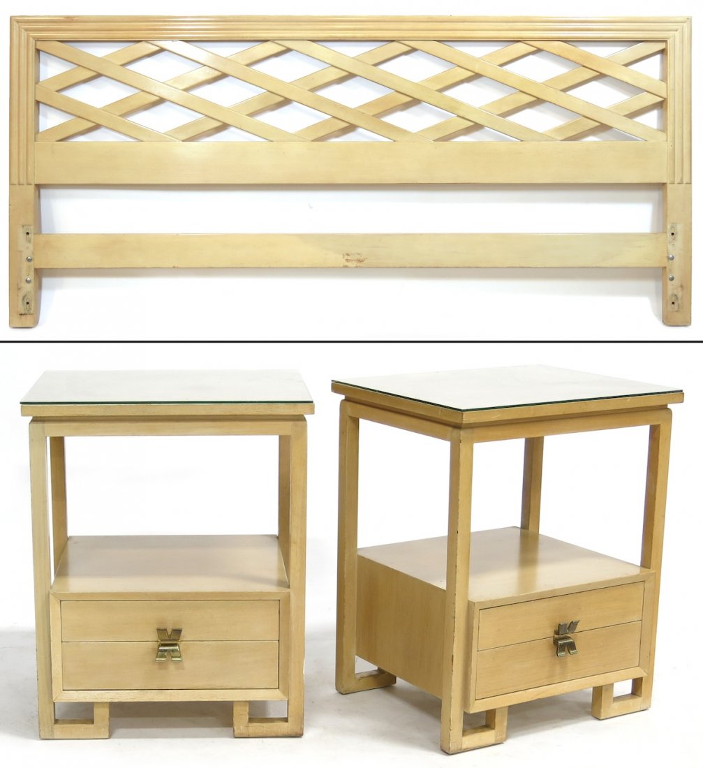 Paul Frankl (Am., 1886 – 1958) Three Pieces: including a crisscrossed headboard, fitted for a Hollywood frame, and two nightstands, all in a classic modernist blonde finish, marked Johnson Furniture Co., Grand Rapids, Michigan. Bed 37.25 x 80 in