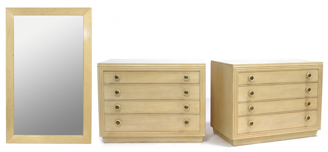 Paul Frankl (Am., 1886 – 1958) Three Pieces: including (2) dressers and one rectangular mirror, all in a classic modernist blonde finish, marked Johnson Furniture Co., Grand Rapids, Michigan. Dresser 32.25 x 39.75 x 21 in. Mirror 51 x 31 in. Fro
