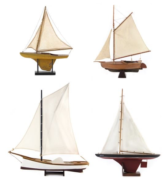 Four Vintage Model Sailboats: Four Vintage Model Sailboats20th century, wooden hulls, fabric sails, all with stands.Largest 26 x 24 in.Selected objects from The Bob Timberlake Collection Bob Timberlake, an internationally acclaime