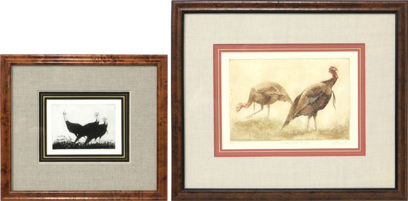 Two Wild Turkey Numbered Etchings: Two Wild Turkey Numbered Etchings the first is "Trio" by Bruce A. North, 3/12 in the lower margin (DOA 14 x 15.5 in.); the second is "Two Toms" by Sandy Scott, 46/100 (DOA 189.25 x 22.75 in.), both ar