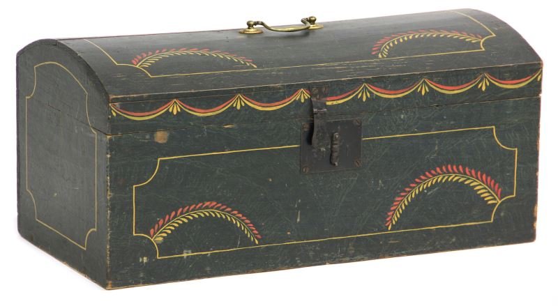 Paint Decorated Dome Top Trunk: Paint Decorated Dome Top Trunk 19th century, pine, overall green finger-painted decoration simulating leaves, later colorful swag and fern decoration by Bob Timberlake, original hinges, forged lock an