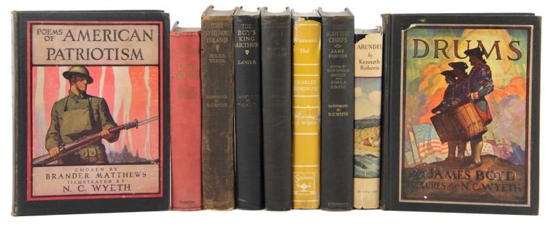 Nine Classic Books Illustrated by N. C. Wyeth: Nine Classic Books Illustrated by N. C. Wyeth all hardcover, octavo, to include:POEMS OF AMERICAN PATRIOTISM, Brander Matthers, ed. (1922); THE MYSTERIOUS ISLAND by Jules Verne (1927); DRUMS by James 