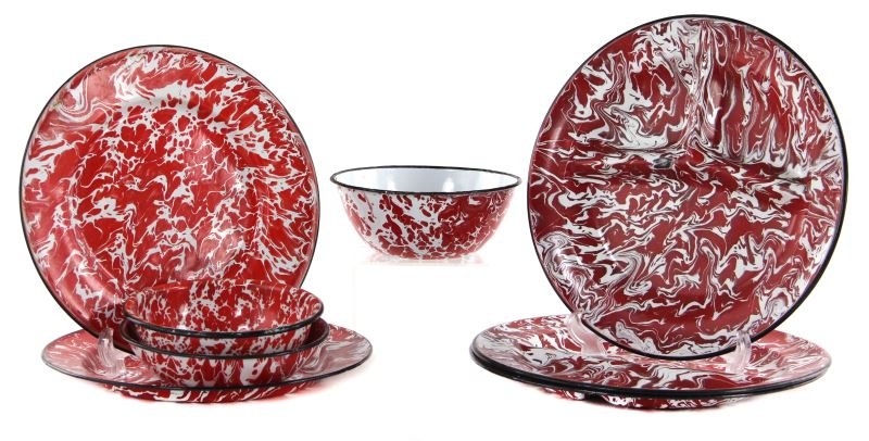 Group of Eight Red and White Graniteware Plates: Group of Eight Red and White Graniteware Plates to include (3) divided plates (11 in.); (3) cereal or soup bowls signed ''Bob Timberlake Collection" (approx. 6.5 in. diameter); (2) plates (10.25 in.).