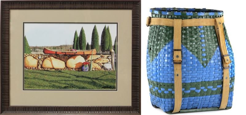 Basket Back Pack and Signed Print: Basket Back Pack and Signed Printa vintage back pack of woven splint construction, allover blue and green paint (18 in.). Included is a signed Bob Timberlake print featuring this pack, matted and fram