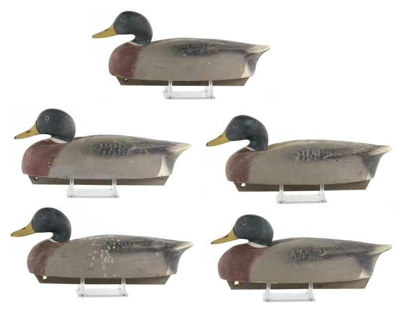 Five Wooden Factory Decoys, Mallard Drakes: Five Wooden Factory Decoys, Mallard Drakesthe underside signed "Bob Timberlake" with a collection stamp and RET brand.15.5 in. LOASelected objects from The Bob Timberlake Collection Bob Timberlake, an