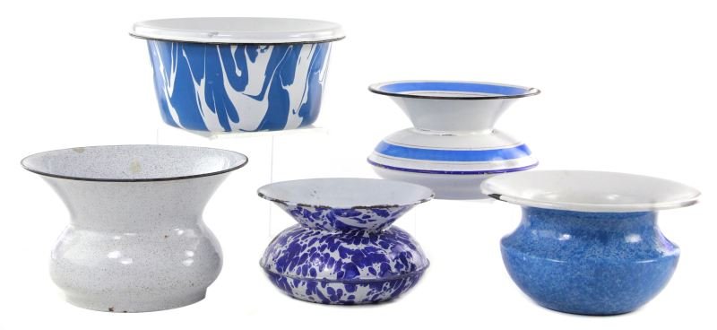 Group of Five Graniteware Spittoons: Group of Five Graniteware Spittoons in blue, blue and white, or white enamel, 4 in. to 5.5 in. high, (3) with "Bob Timberlake Collection" marked on the bottom. Props from Bob's studio. Selected object