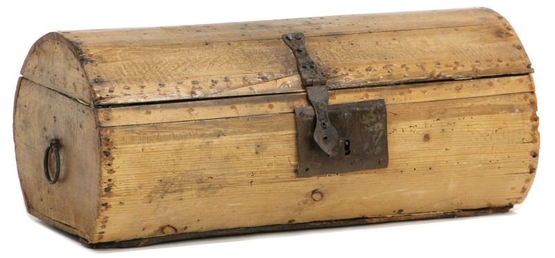 Antique Wooden Trunk with Iron Mounts: Antique Wooden Trunk with Iron Mounts 19th century, rounded form, pine stave construction with square nails, the interior lined with period wallpaper. 10 x 24 x 11.5 in. Selected objects from The Bob 