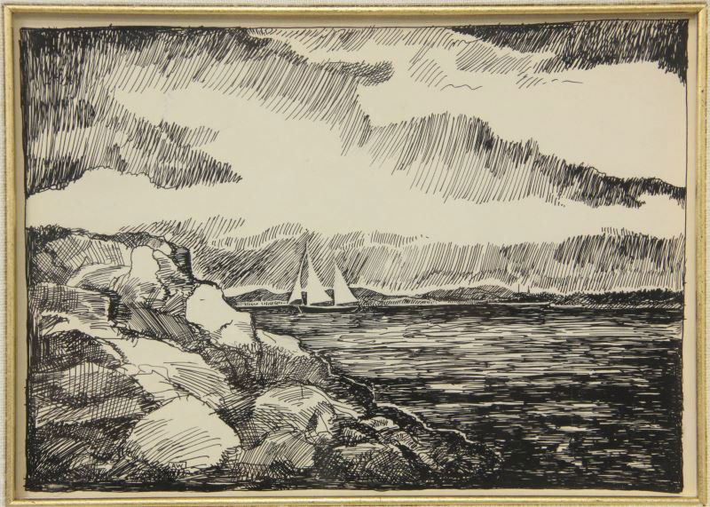 Andrew Wyeth (1917-2009), "Angier Sailboat...": Andrew Wyeth (1917-2009), "Angier Sailboat...""...Under Sail," pen and ink on paper, monogrammed, matted and framed under glass with gallery plaque.SS 7.5 x 10.75 in.; DOA 16.5 x 19.5 in.Note the mono