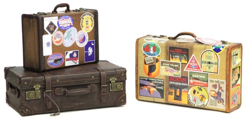 Three Pieces of Vintage Luggage: Three Pieces of Vintage Luggage to include: a leather case with double brass locks, double-strap closure, with keys (14 x 22 x 7.5 in.) (a few scuffs); small carry-on case, double brass locks, leather