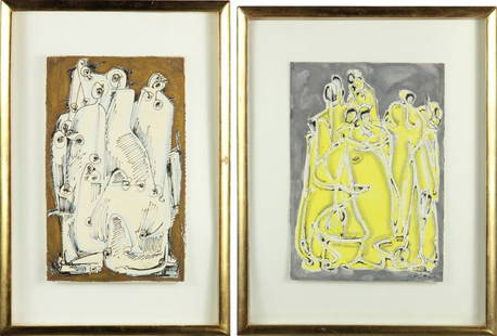 Salah Taher (Egyptian, 1911-2007), Two Works: Salah Taher (Egyptian, 1911-2007), Two Worksboth serigraphs, signed at lower right, one appears to be dated 1909, each depicting abstracted figures in robes, framed. Yellow Figures - Sheet 10 7/8 x 7.