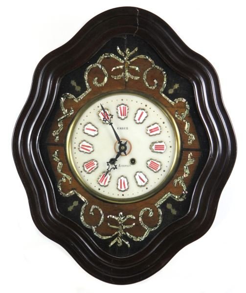 Antique French Wall Clock: Antique French Wall Clockcirca 1900, time and strike brass movement, the alabaster dial marked "CABUZ" and "Luxeuil," set with porcelain Roman numeral plaques, the clock set into a glass-fronted eboni