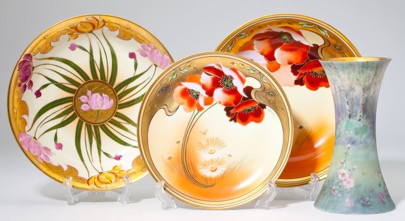 Four Pieces of Pickard Hand-Painted China: Four Pieces of Pickard Hand-Painted China to include a vase with garden landscape featuring birch trees and hollyhocks, with mark 1912-1918 (8.25 in.); poppy decorated bowl (2.25 x 9 7/8 in.) and plat