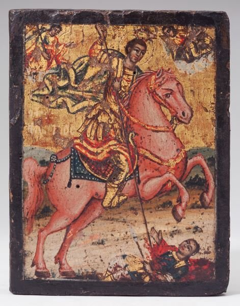 Antique Icon of Saint Demetrius: Antique Icon of Saint Demetrius likely 18th century, finely rendered in tempera and gilt on wood, with the mounted saint shown above the supine gladiator Lyaeos, angels in both upper corners. 5 5/8 x 