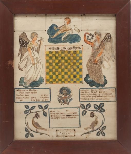 Pennsylvania Watercolor and Ink Fraktur: Pennsylvania Watercolor and Ink Fraktur Northampton County, Pennsylvania, done for Adam and Sarah Braun announcing the birth and baptism of their daughter born October 1823, depicting a checkerboard c