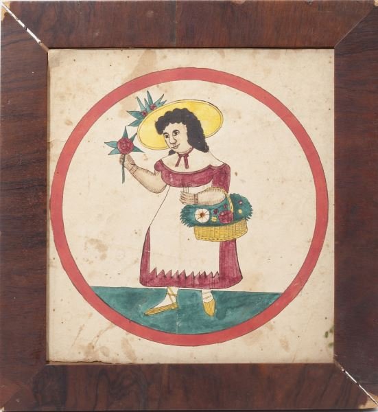 Pennsylvania Fraktur Watercolor Drawing: Pennsylvania Fraktur Watercolor Drawing circa 1820, watercolor on paper of a woman with basket, housed in a 19th century mahogany frame; Paper size 6.75 x 3 3/8 in.; DOA 9 x 8.25 in. From the Collecti