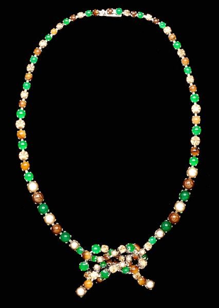 Multi-Stone Choker Necklace, Christian Dior: Multi-Stone Choker Necklace, Christian Dior the single strand of linked faux pearl, jade, and rhinestones is centered with an elegant bow knot, the clasp stamped "Christian Dior" and "Made in Germany"